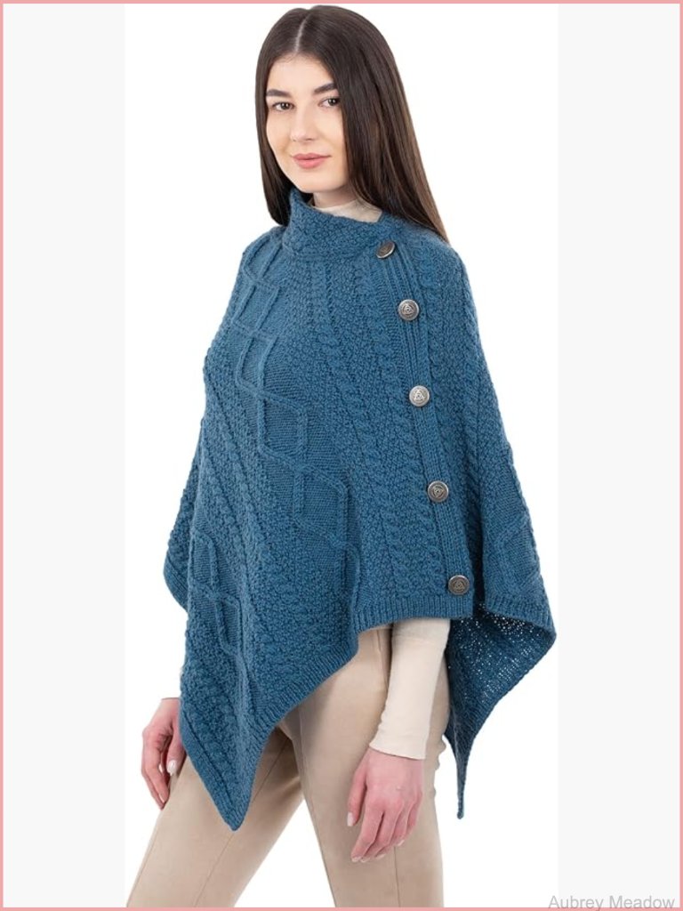 Merino Wool Women's Poncho With Celtic Buttons Cable Knit Cardigan Cowl Neck
